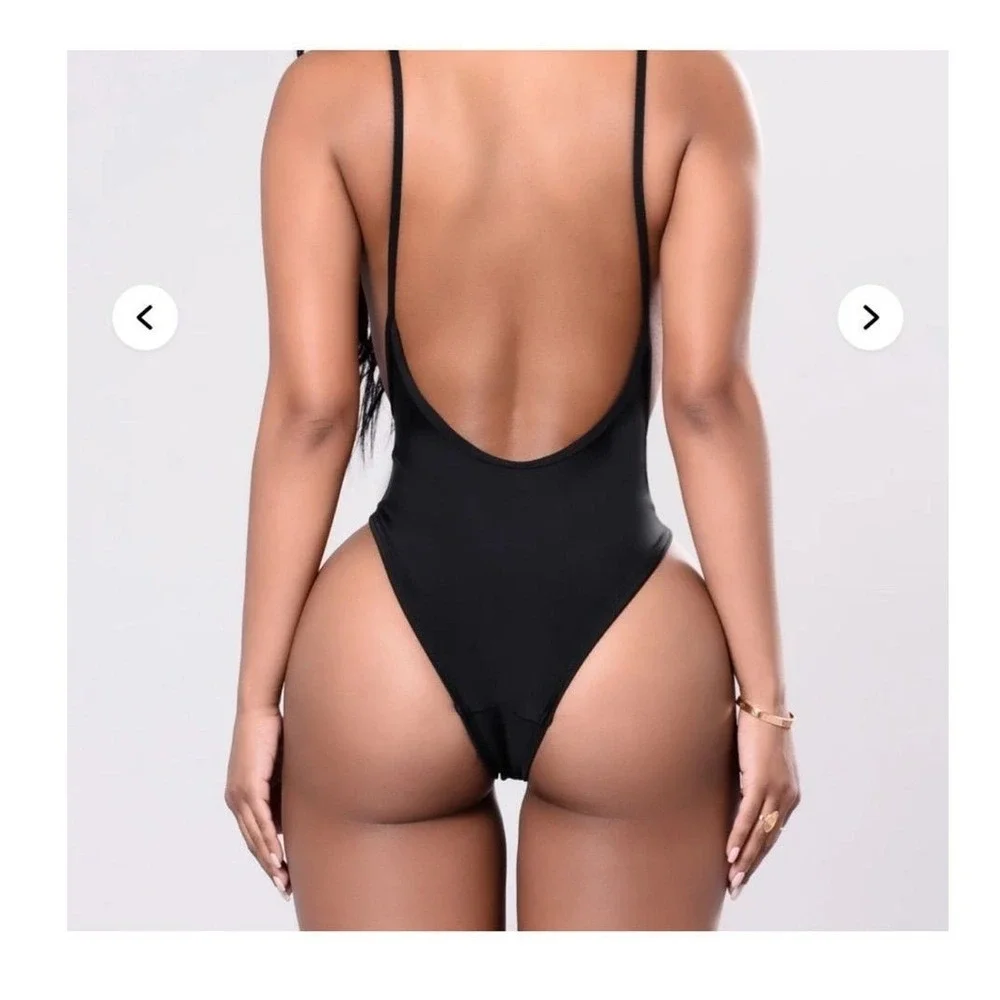 Fashion Nova Cut It High Swimsuit Black One Piece High Cut Leg Scoop Neck Medium
